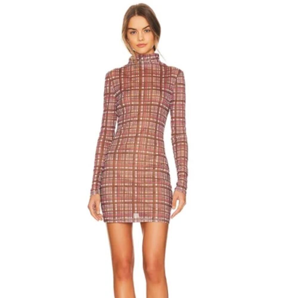 NWT Atoir Lara Worthington REVOLVE Plaid Mesh Sheer Pink Brown Fest Mini L Dress